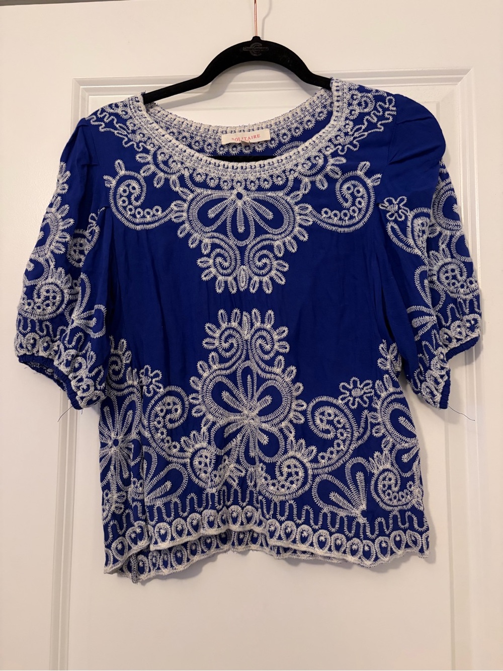Solitaire Royal Blue Embroidered Blouse Women's Size M Short Puff Sleeve